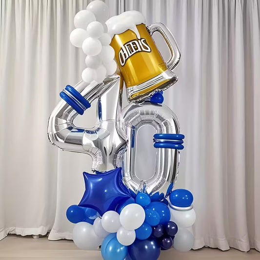 Silvery Number Polyester Foil Balloon Stand Set with Beer Mug Cheer Balloons &amp; Blue White Latex Balloons – Party Decorations in Dubai