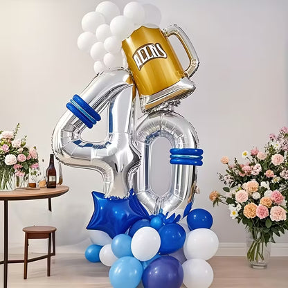 Silver 40 number foil balloons with blue bands and beer mug balloon, surrounded by blue and white balloons, floral room decor