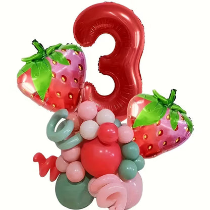 Red number 3 balloon with strawberry foil balloons and pink, red, green decorative latex balloons