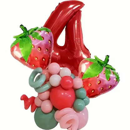 32-inch red number 4 foil balloon with pink, red, green latex balloons and strawberry foil party decorations