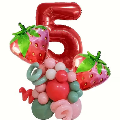 Red number 5 foil balloon with strawberry-shaped and colorful latex party balloons cluster