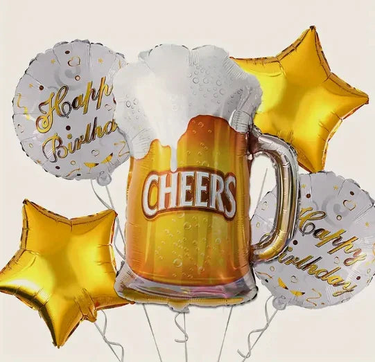 Birthday celebration balloons with gold stars and a beer mug balloon labeled Cheers