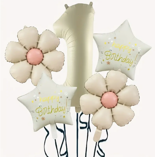 5pcs Flower Number Balloon Set with Star Embellishments & Ribbon Stylish Birthday Balloons for Photo Zones, Party Backdrops & Check-In Spots