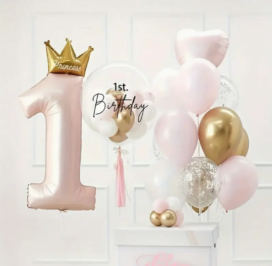 24pcs Elegant Pink & Blue Crown Number Balloon Set Princess-Themed Birthday Party Balloons with Golden Metallic Finish