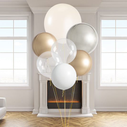 Pearl Sands Giant Balloon Bunch – Elegant Ivory & Gold Party Balloons in Dubai