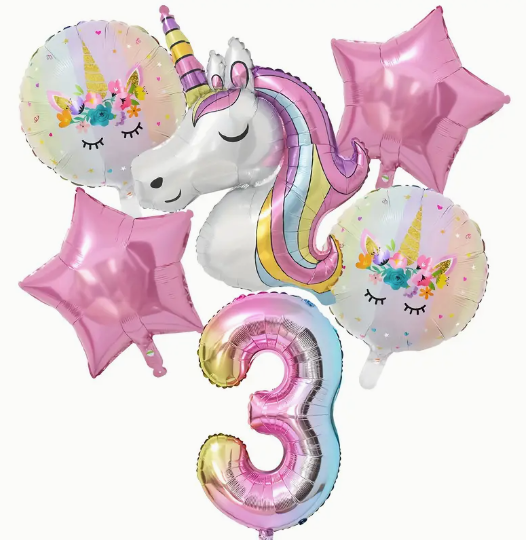 6pcs Rainbow Unicorn Balloon Set – Gradient Number & Star Foil Balloons Magical Decorations for Unicorn-Themed Birthdays, Anniversaries & New Year Parties