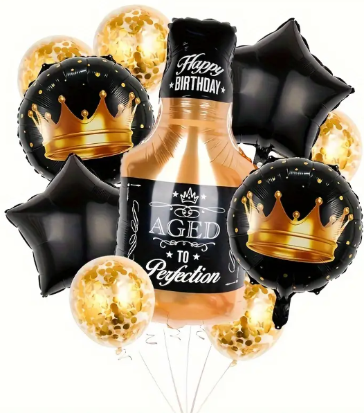 10pcs Whiskey Bottle Aluminum Foil Balloon Set – Black & Gold Party Theme Celebrate with Style – Perfect for Weddings, Birthdays & Graduations