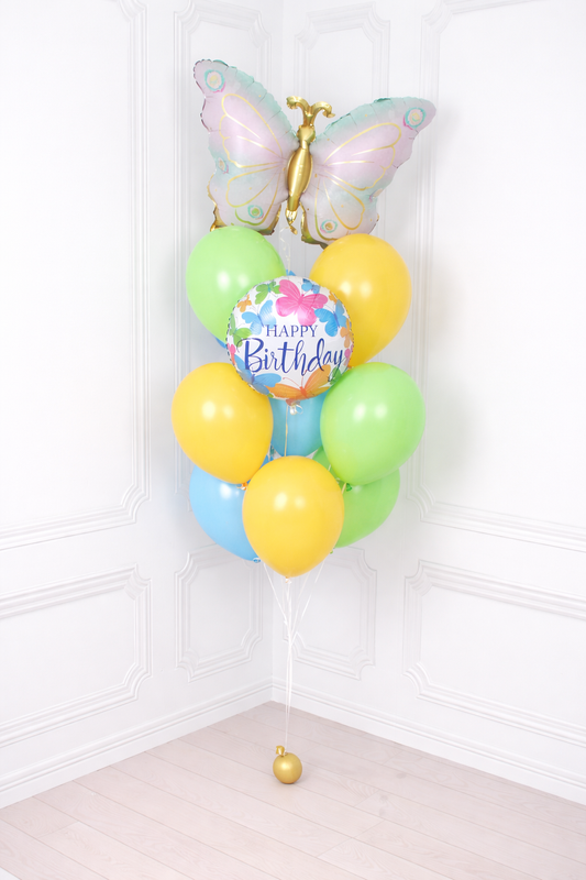 Happy Birthday Butterfly Helium Balloon – Yellow, Blue & Light Green