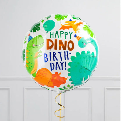 Round birthday balloon with colorful cartoon dinosaurs and text Happy Dino Birthday