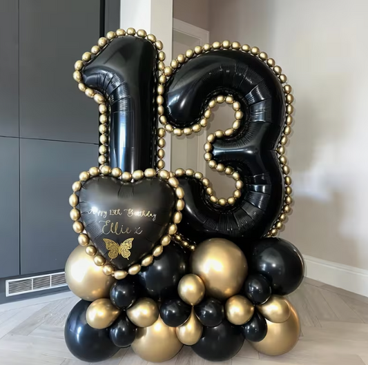 Black Number Column Balloon Set | Black & Gold Latex Balloons with Heart-Shaped Foil Balloons in Dubai