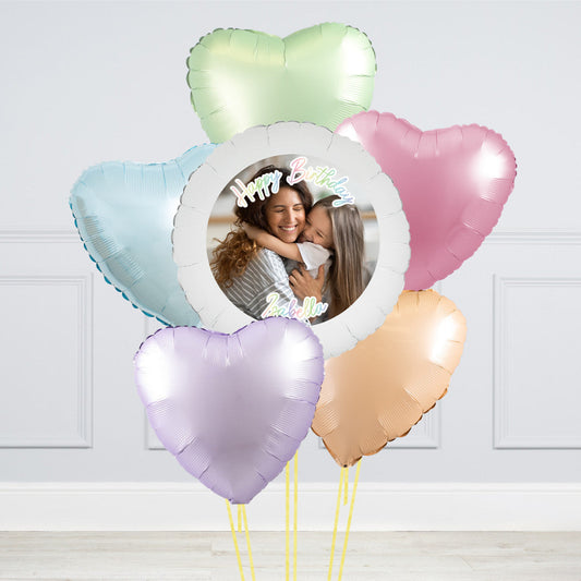Pastel Rainbow Hearts Photo Upload Balloon Bunch - Custom Helium Balloons