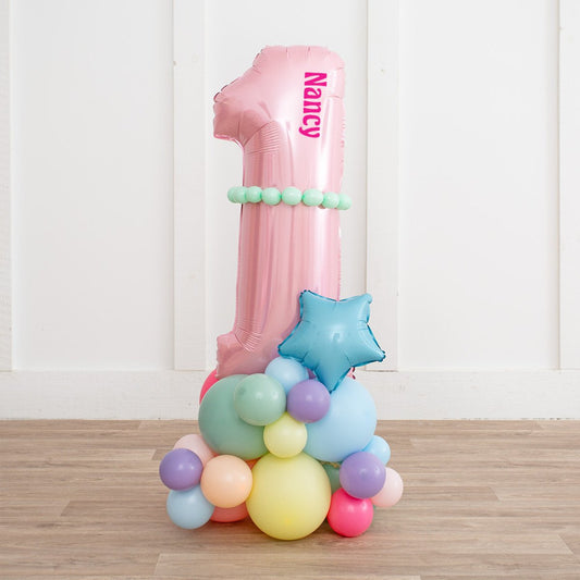 Personalized 26" Baby Pink Number Balloon Stack with Pastel Rainbow Base