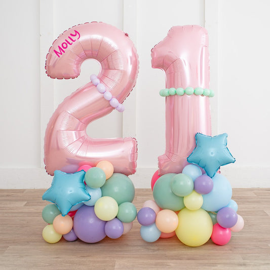 Personalized 26" Baby Pink Number Balloon Stack with Pastel Rainbow Base