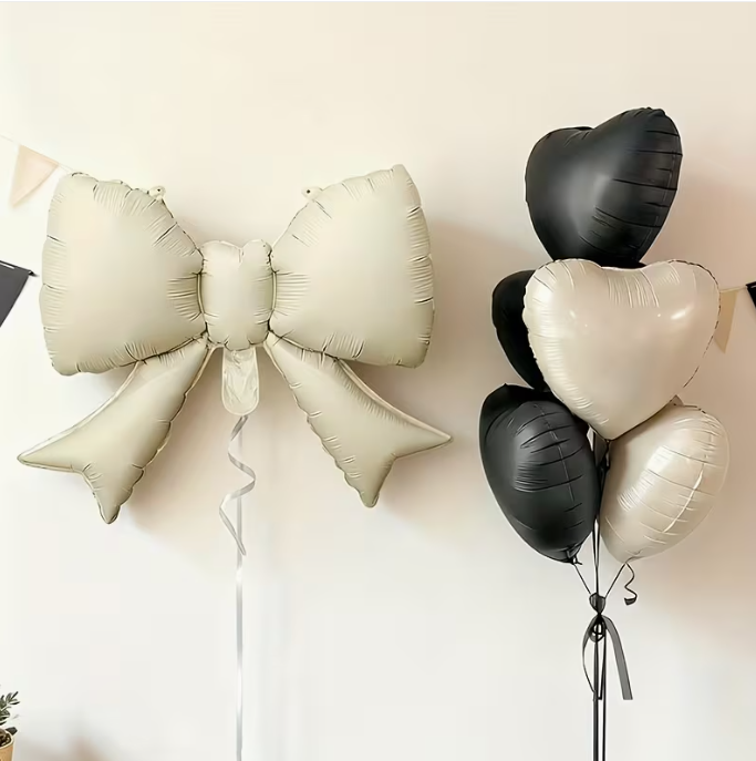 Cream & Black Heart Balloon Decoration Set with 38-Inch Bow | Romantic Event Decor Dubai